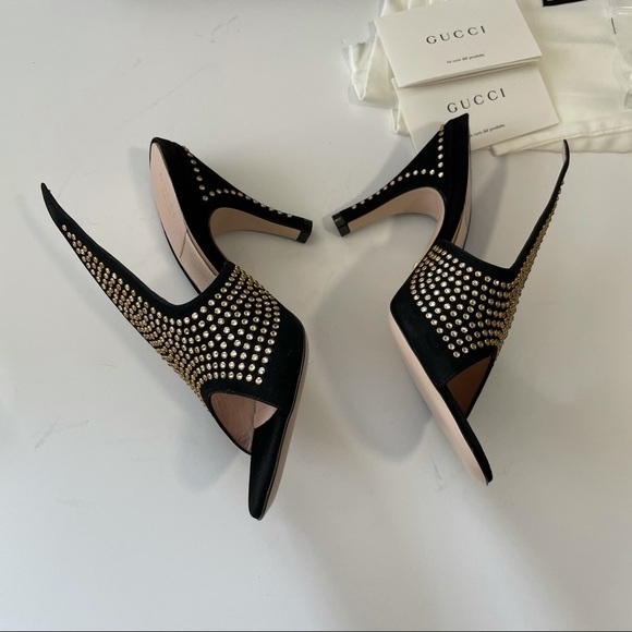GUCCI Exaggerated point Crystal Suede Mules Black 37 7 glam era Renaissance - Picture 15 of 17